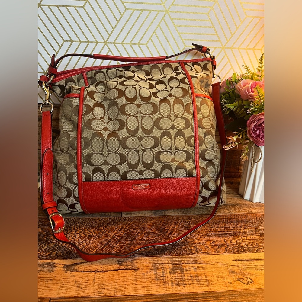 Coach Red and Tan Signature Shoulder Bag GUC
